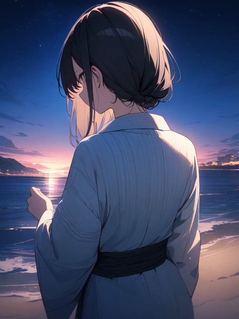  Black haired girl standing on the beach, summer, night, summer like Japanese yukata, cute starry sky, backshot, distant view, side angle, masterpiece, best quality,8k,ultra detailed,high resolution,an extremely delicate and beautiful,hyper detail