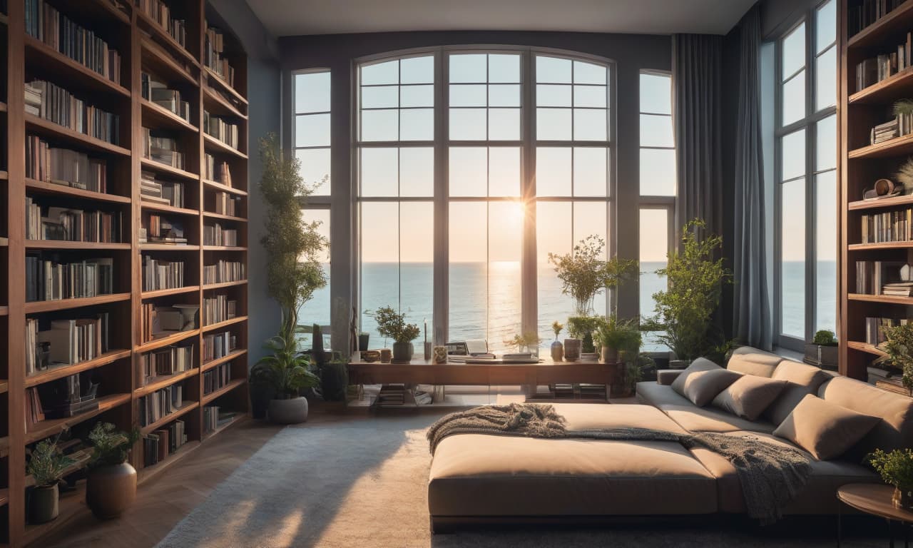  A large window in a modern room filled with bookshelves. There is a laptop and a bouquet of flowers in a vase on the desktop. Through the window you can see the sea. Summer day. hyperrealistic, full body, detailed clothing, highly detailed, cinematic lighting, stunningly beautiful, intricate, sharp focus, f/1. 8, 85mm, (centered image composition), (professionally color graded), ((bright soft diffused light)), volumetric fog, trending on instagram, trending on tumblr, HDR 4K, 8K