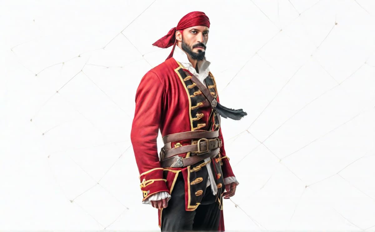  pirate hyperrealistic, full body, detailed clothing, highly detailed, cinematic lighting, stunningly beautiful, intricate, sharp focus, f/1. 8, 85mm, (centered image composition), (professionally color graded), ((bright soft diffused light)), volumetric fog, trending on instagram, trending on tumblr, HDR 4K, 8K