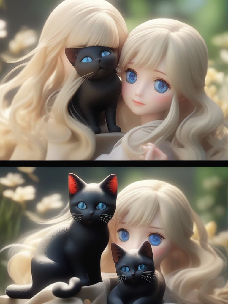  Masterpiece,(((Metamorphosis: a Beautiful blonde girl0.7 ,a Black cat with sapphire eyes0.3))),Super sensitive,Super high quality,16K, masterpiece, best quality,8k,ultra detailed,high resolution,an extremely delicate and beautiful,hyper detail