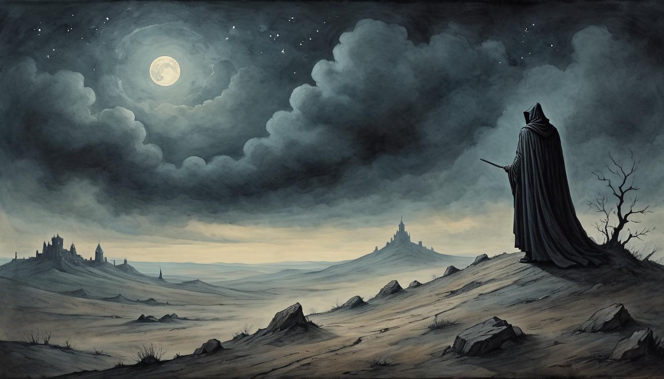  on parchment, surrealism+++, A solitary figure, cloaked in shadows, standing atop a barren hill, under a cloudy night sky, loneliness, isolation(mysterious, provocative, symbolic,muted color)+++