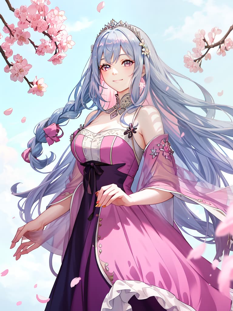  1 mature lady,pale blue hair,black eyes,single braid right side,sunlight,((pink dress)),goddess,soft look,smile,cherry blossoms, masterpiece, best quality,8k,ultra detailed,high resolution,an extremely delicate and beautiful,hyper detail