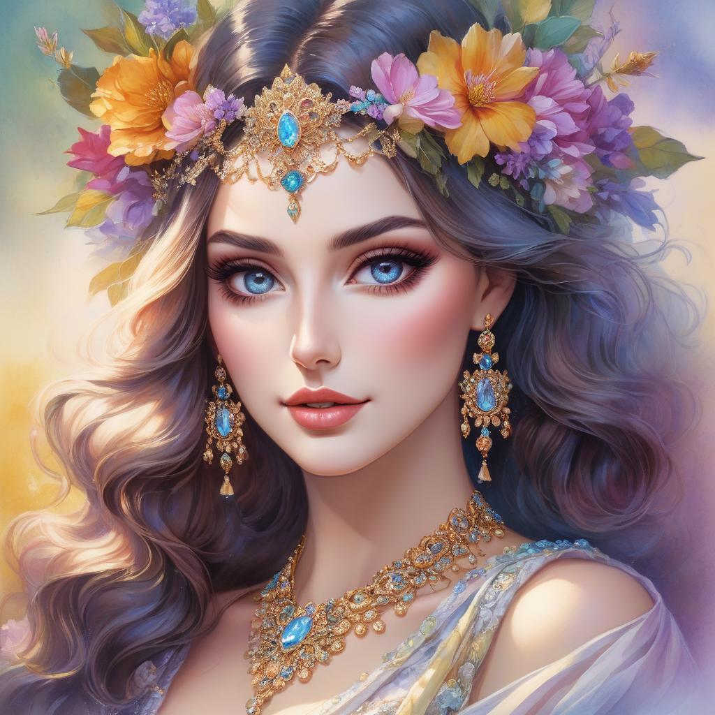  watercolor painting A portrait of a woman with a flower crown and bejeweled accessories against a soft, colorful background. Watercolor in the style of Josephine Wall, Tomasz Allen Kopera, Dariusz Zawadzki, Andreja Peklar, Ivan Shiskine,Create an image of a young woman with a radiant and cheerful expression. Her skin is smooth with a fair complexion. She has large, captivating eyes with a gentle gaze and well defined eyebrows. Her full lips curve into a warm, inviting smile that enhances her approachable aura. Her hair is voluminous and flows in luxurious, well defined waves, cascading around her face and shoulders. The hair color is a soft, monochromatic hue that harmonizes with the colour tone of the image, giving an overall classical and hyperrealistic, full body, detailed clothing, highly detailed, cinematic lighting, stunningly beautiful, intricate, sharp focus, f/1. 8, 85mm, (centered image composition), (professionally color graded), ((bright soft diffused light)), volumetric fog, trending on instagram, trending on tumblr, HDR 4K, 8K