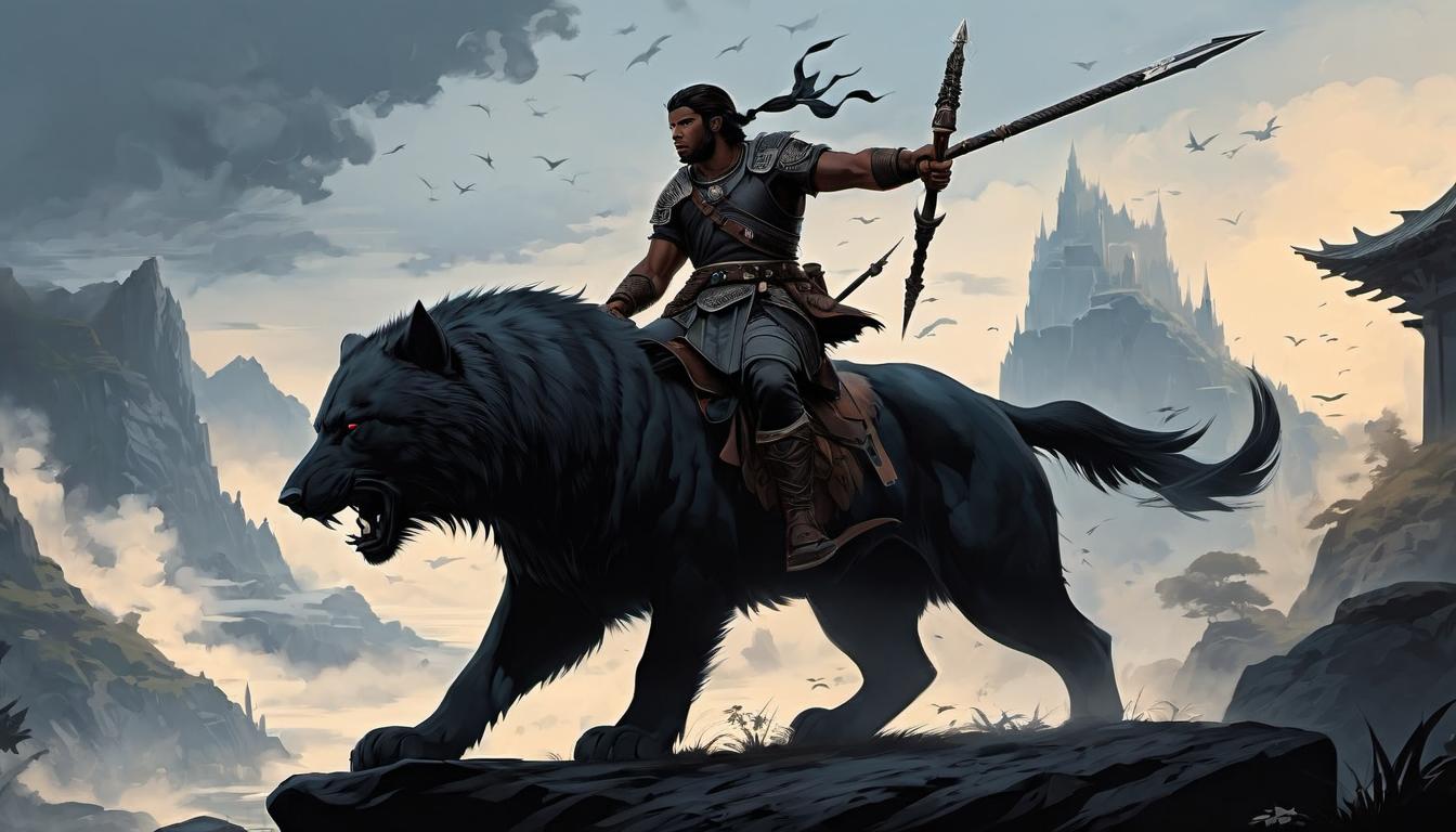  digital painting of A young man with a spear, silhouette of giant beasts in the background, tense, heroic looking at viewer, dynamic pose, (intricate details, masterpiece, best quality)