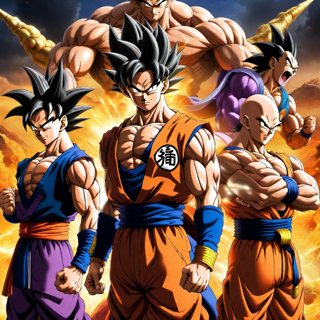  A detailed image featuring Goku, Krillin, Gohan, Vegeta, Trunks, and Beerus (Bills) from Dragon Ball Z. Each character should be in their iconic outfits and striking dynamic poses. The background should be a vibrant and energetic battlefield scene, characteristic of the epic battles in the Dragon Ball Z series. hyperrealistic, full body, detailed clothing, highly detailed, cinematic lighting, stunningly beautiful, intricate, sharp focus, f/1. 8, 85mm, (centered image composition), (professionally color graded), ((bright soft diffused light)), volumetric fog, trending on instagram, trending on tumblr, HDR 4K, 8K