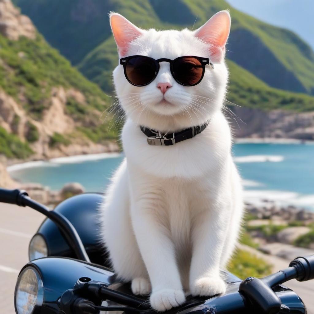  Realistic photograph of the White Cat in black glasses.Sits on a motorcycle.The sun, the sea, the mountains.