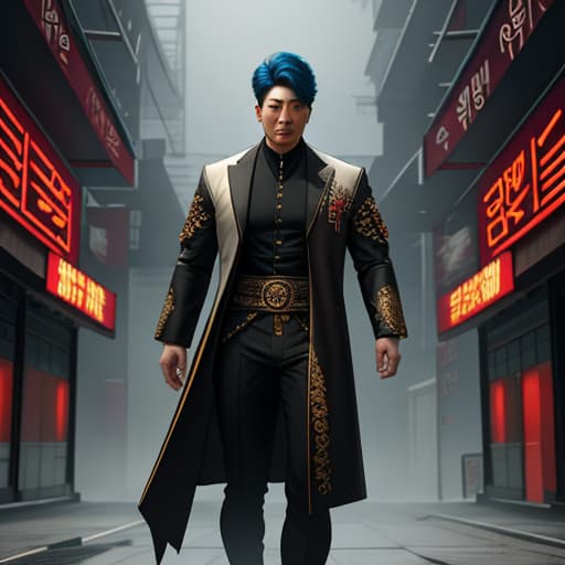  Korean gang leader hyperrealistic, full body, detailed clothing, highly detailed, cinematic lighting, stunningly beautiful, intricate, sharp focus, f/1. 8, 85mm, (centered image composition), (professionally color graded), ((bright soft diffused light)), volumetric fog, trending on instagram, trending on tumblr, HDR 4K, 8K