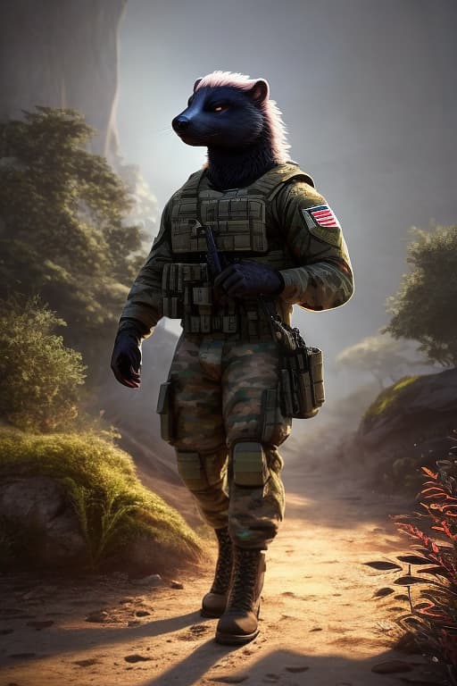  Male military Honeybadger hyperrealistic, full body, detailed clothing, highly detailed, cinematic lighting, stunningly beautiful, intricate, sharp focus, f/1. 8, 85mm, (centered image composition), (professionally color graded), ((bright soft diffused light)), volumetric fog, trending on instagram, trending on tumblr, HDR 4K, 8K