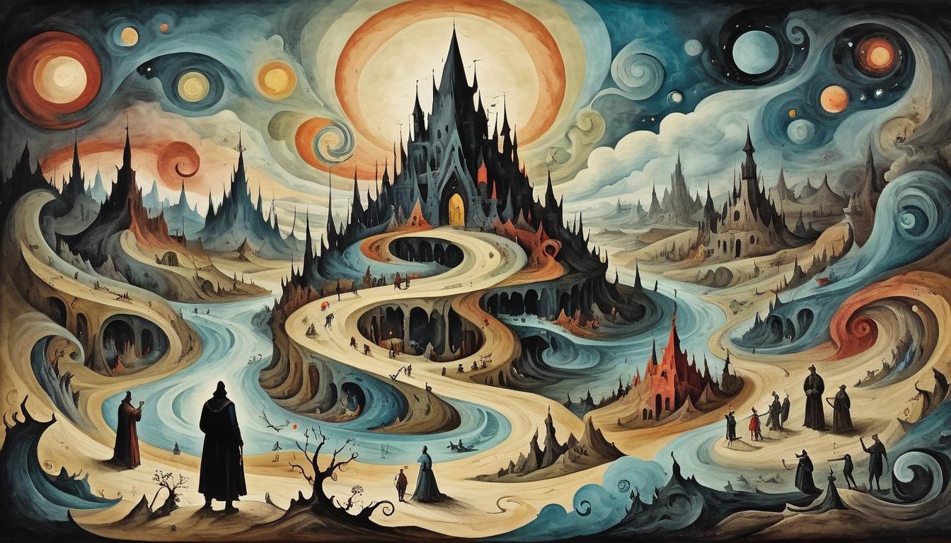  on parchment, surrealism+++, Chaotic landscape with swirling colors, figures in disarray, a dark figure in the center, misunderstood, chaotic energy(mysterious, provocative, symbolic,muted color)+++