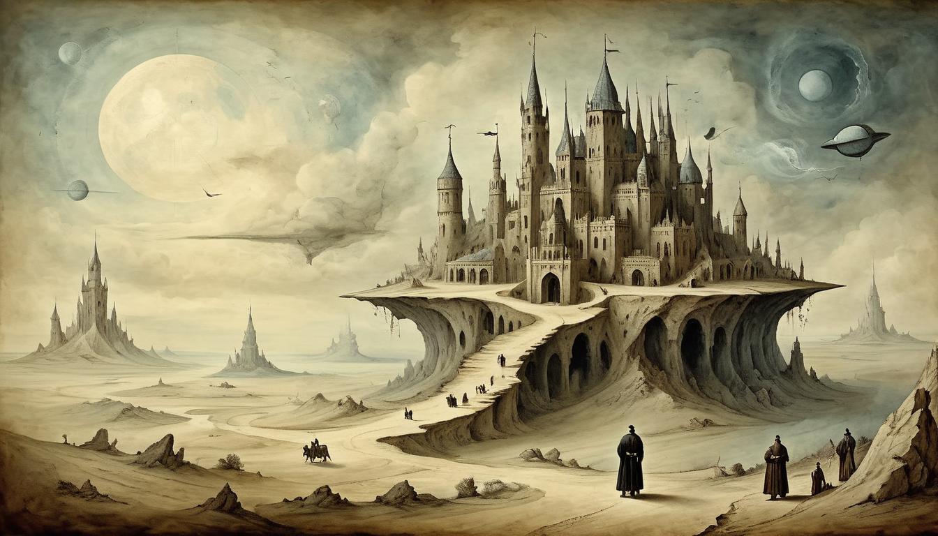  on parchment, surrealism+++, Far reaching vision, long term consequences, expansive sight, broad horizon, distant future(mysterious, provocative, symbolic,muted color)+++