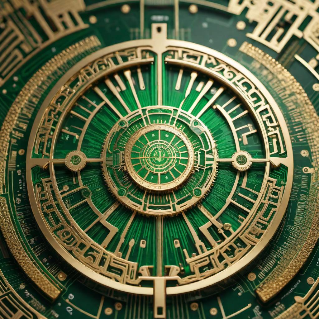  Create a round circular logo for 'AI Wealth Mentors' that symbolizes wealth, money, and artificial intelligence. Use gold and green colors to signify wealth, and incorporate elements that suggest AI, such as a circuit board pattern or digital motifs. The design should be modern, sleek, clean, and easily recognizable as a symbol of financial success and technology. hyperrealistic, full body, detailed clothing, highly detailed, cinematic lighting, stunningly beautiful, intricate, sharp focus, f/1. 8, 85mm, (centered image composition), (professionally color graded), ((bright soft diffused light)), volumetric fog, trending on instagram, trending on tumblr, HDR 4K, 8K