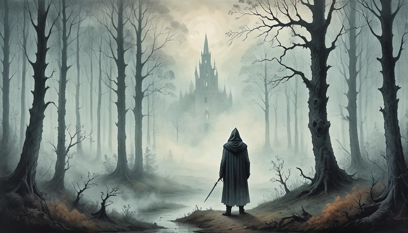  on parchment, surrealism+++, A hooded figure standing at the edge of a misty forest, dense fog obscuring the distant trees, tentative first step, uncertainty, mystery(mysterious, provocative, symbolic,muted color)+++