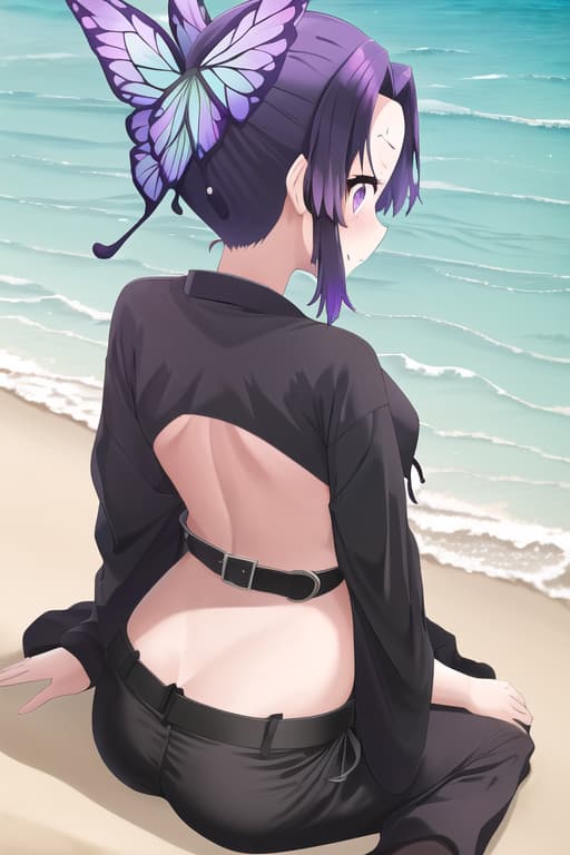  young women,on the beach,micro , ,back view,string tanga,long pigtails,shy, and pose,laying or sitting,,masterpiece, best quality, kochou shinobu, multicolored hair, no bangs, hair intakes, purple eyes, forehead, black shirt, black pants, haori, erfly, ons, belt