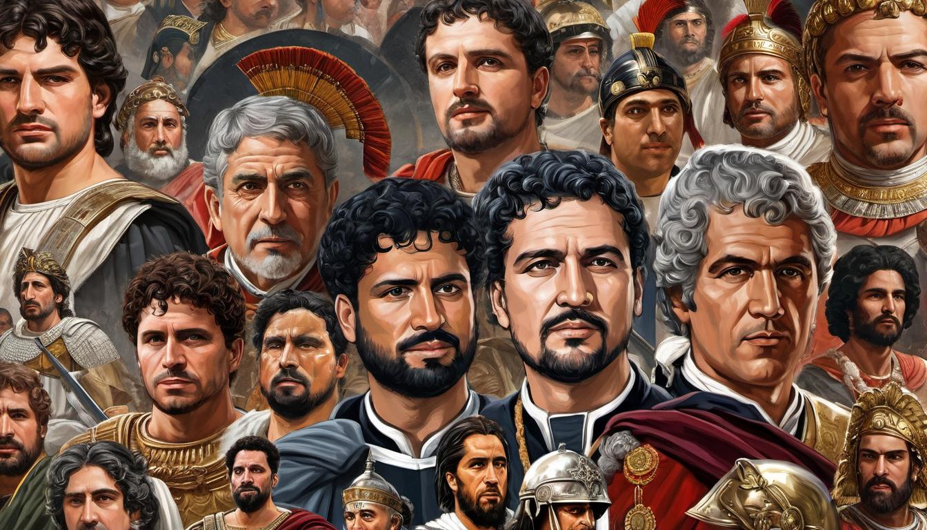  digital illustration, Collage of iconic leaders, diverse array of historical figures, sharp features, focused gazes, varying attire from togas to military uniforms, backgrounds include ancient Rome, battlefields, political rallies, gravitas, power, legacy, looking at viewer, dynamic pose, (intricate details, masterpiece, best quality)