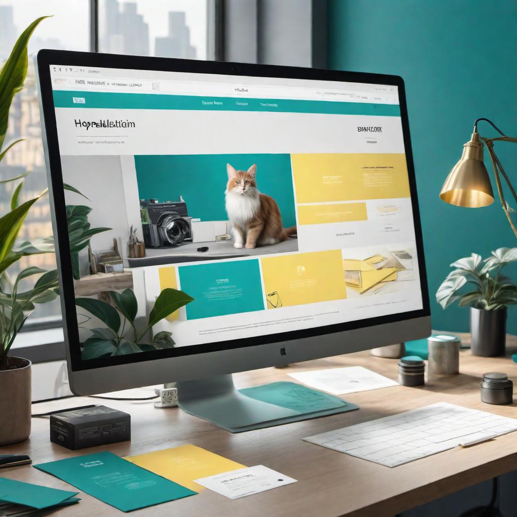  A workspace scene with an image editor open on a computer screen. The editor displays a flyer design in progress. The background image on the flyer is being adjusted to match a teal and light yellow color scheme, which complements the nearby stylistic logo of 'Kitty Companion' featuring a cat silhouette with the initials 'KC' inside. The logo itself is prominent on the workspace, with tools and color swatches in teal and light yellow lying around. There are notes and sketches of flyer elements and text on the desk. hyperrealistic, full body, detailed clothing, highly detailed, cinematic lighting, stunningly beautiful, intricate, sharp focus, f/1. 8, 85mm, (centered image composition), (professionally color graded), ((bright soft diffused light)), volumetric fog, trending on instagram, trending on tumblr, HDR 4K, 8K