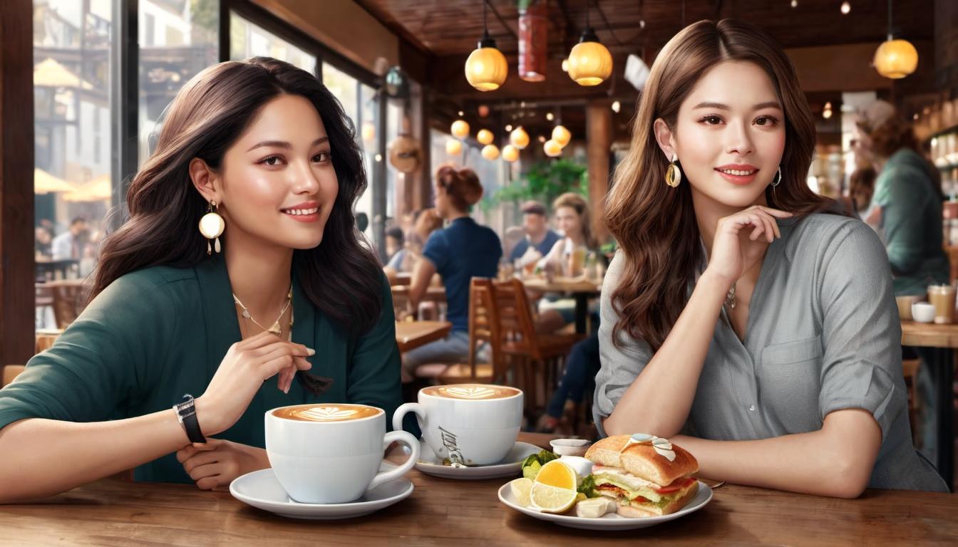  digital illustration, 2women, animated conversation at a cafe, one seems energized while the other appears contemplative, various mugs and plates with food on table, details of earrings and hairstyles, bustling atmosphere, diverse perspectives on commitment, looking at viewer, dynamic pose, (intricate details, masterpiece, best quality)