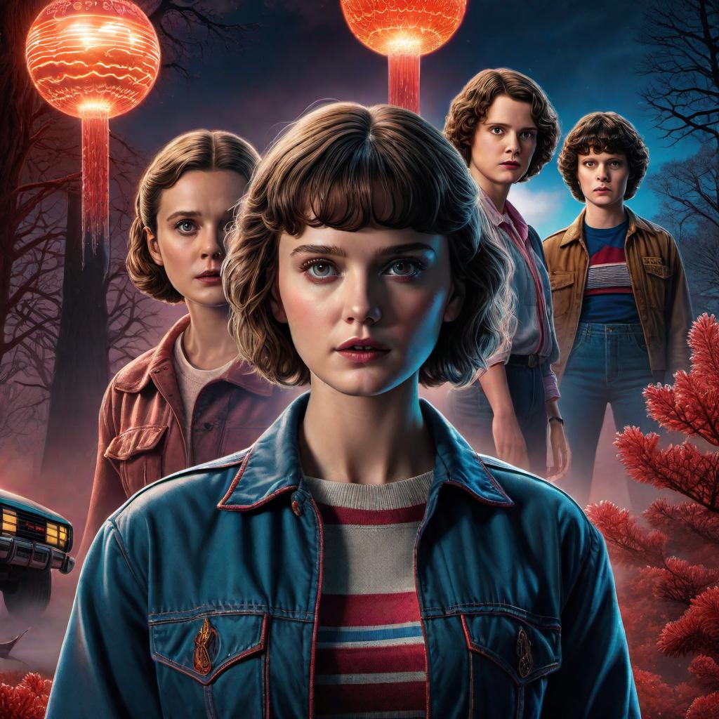  A single drawing that combines elements from all four seasons of Stranger Things. The image should feature iconic moments and characters from each season, blending them into one cohesive scene. Include Eleven using her powers, the Demogorgon, the Mind Flayer, the Byers' Christmas lights, the Starcourt Mall, and the Upside Down. Make the scene dynamic and atmospheric, reflecting the supernatural and adventurous tone of the show. hyperrealistic, full body, detailed clothing, highly detailed, cinematic lighting, stunningly beautiful, intricate, sharp focus, f/1. 8, 85mm, (centered image composition), (professionally color graded), ((bright soft diffused light)), volumetric fog, trending on instagram, trending on tumblr, HDR 4K, 8K