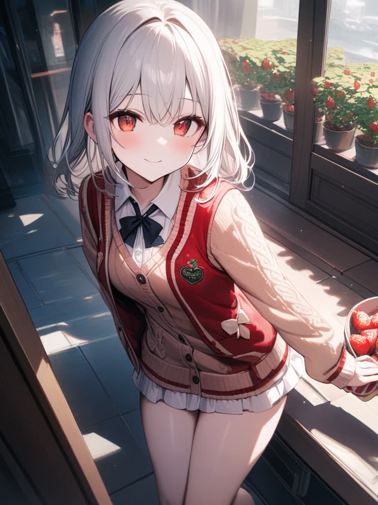  Cute, girl, young face, white skin, thin body, fluffy hair, white hair, bright red eyes, frill dress, smiling, strawberry decoration, cardigan student clothes, masterpiece, best quality,8k,ultra detailed,high resolution,an extremely delicate and beautiful,hyper detail