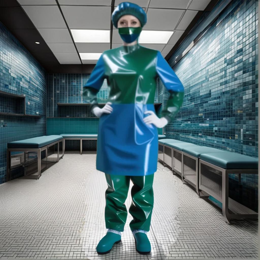  "(hyper detailed), (single woman surgeon standing) in (glossy latex: 1.2) (dark green: 1.1) and (dark blue: 1.2), (full length), (front view ), (full face), standing alone in the locker room of the waiting room in the operating room against the backdrop of a tiled wall there is no one else • posture of the Surgeon: (holds his hands in front of him), (arms extended forward:), ( slightly bent at the elbows), (elbows parallel to the body), (arms also parallel to each other), (hands at head level), (arms pointing down), (fingers slightly apart), • Detailed description: (colors and details of the surgical suit, available only in two color version: • glossy latex • dark green and dark blue, • no other colors). • Surgical suit: (glossy hyperrealistic, full body, detailed clothing, highly detailed, cinematic lighting, stunningly beautiful, intricate, sharp focus, f/1. 8, 85mm, (centered image composition), (professionally color graded), ((bright soft diffused light)), volumetric fog, trending on instagram, trending on tumblr, HDR 4K, 8K