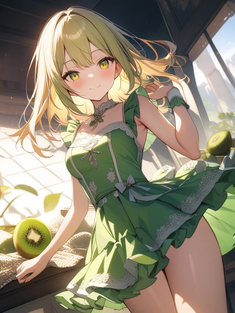  Cute, girl, long hair, thin body, kiwi fruit, kiwi decoration, yellow green eyes, yellow green hair, half twin tail, frill dress, medium hair, smile, masterpiece, best quality,8k,ultra detailed,high resolution,an extremely delicate and beautiful,hyper detail