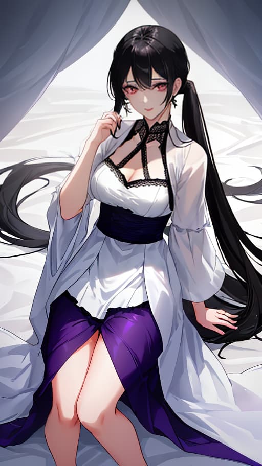  A young with youthful features, long black hair pulled back in two ponytails, and deep red eyes. She has a slender figure with natural proportions. She is wearing a light summer outfit: a dark purple knee length , loose fitting and slightly flared, made of light fabric with small lace at the edges. The is light purple in color, made of light and airy fabric, with a V neck and short sleeves with small ruffles. Makeup: light black eyeliner around the eyes, dark purple shadows and a light dark purple lip gloss. The lies on a white sheet, positioned horizontally, creating a feeling of coziness and comfort, with a gentle and caring expression on her face. Full length image. Top view, image for dakimakura, one character, lyi hyperrealistic, full body, detailed clothing, highly detailed, cinematic lighting, stunningly beautiful, intricate, sharp focus, f/1. 8, 85mm, (centered image composition), (professionally color graded), ((bright soft diffused light)), volumetric fog, trending on instagram, trending on tumblr, HDR 4K, 8K