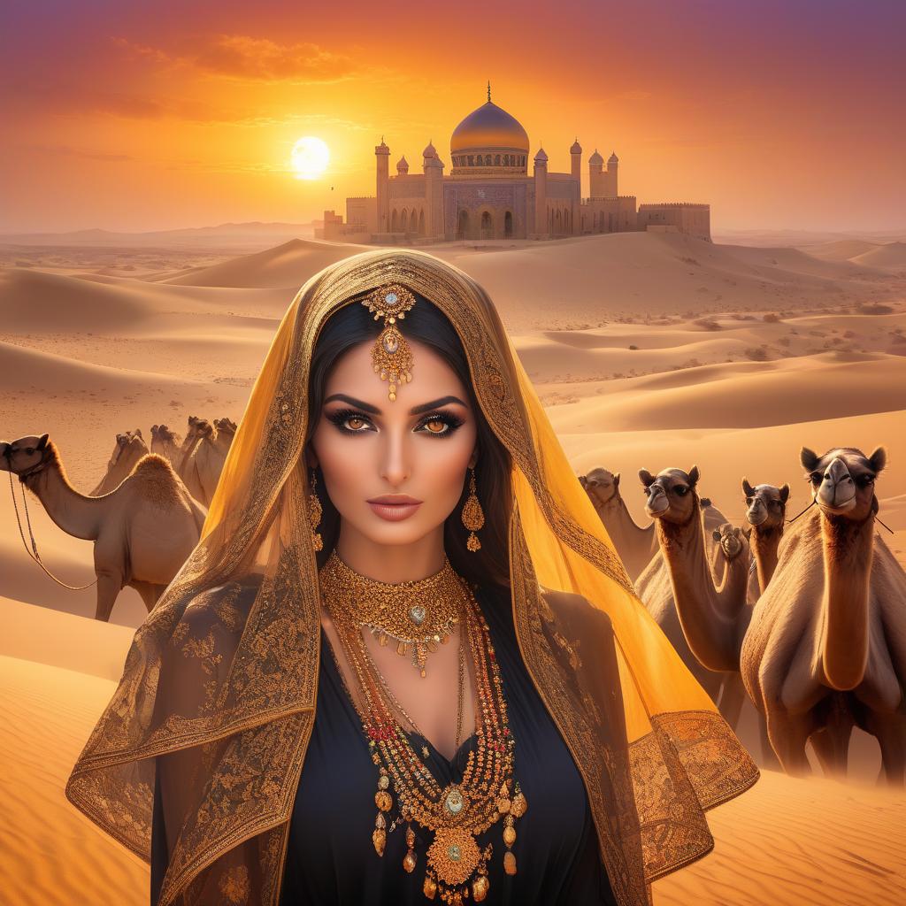  psychedelic style A woman dressed in intricate jewellery and a vibrant veil intently watches as a caravan of camels crosses the desert, with the sunset behind her. Masterpiece. (Desert + dunes). (Background yellow orange gradient). (In the background, a sheikh's castle). (On the foreground to the right, a caravan of camels + Arabs). (On the foreground to the left, a beautiful Iranian woman with stunning black eyes). (The Iranian woman is wearing beautiful clothing + expensive jewelry). (On the Iranian woman's face, a delicate veil, she holds it with her hand). (The most beautiful photo in the world). . vibrant colors, swirling patterns, abstract forms, surreal, trippy hyperrealistic, full body, detailed clothing, highly detailed, cinematic lighting, stunningly beautiful, intricate, sharp focus, f/1. 8, 85mm, (centered image composition), (professionally color graded), ((bright soft diffused light)), volumetric fog, trending on instagram, trending on tumblr, HDR 4K, 8K