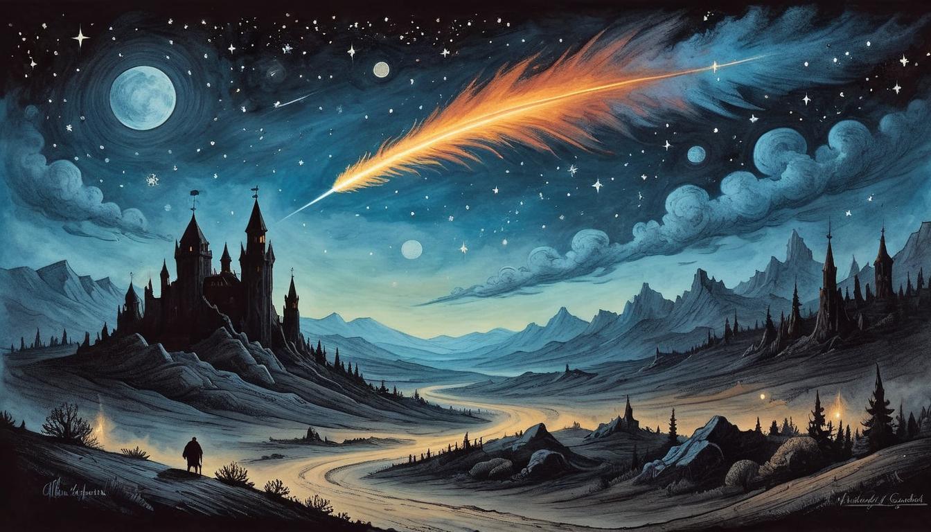  on parchment, surrealism+++, A blazing comet streaking across a night sky, bright and unstoppable, dark expanse, sense of loneliness and celestial journey.(mysterious, provocative, symbolic,muted color)+++