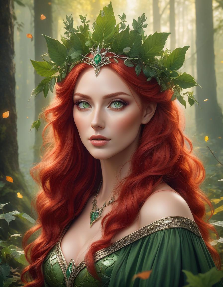  hyperrealistic art A woman with vibrant red hair and a crown of green leaves set against a soft, forest like backdrop. there is a woman with red hair and green eyes surrounded by leaves, goddess of autumn, beautiful autumn spirit, beautiful digital artwork, fantasy portrait art, hyperrealistic fantasy art, fantasy portrait, fantasy art portrait, detailed fantasy digital art, beautiful fantasy art portrait, detailed matte fantasy portrait, gorgeous digital art, beautiful digital art, portrait of a dryad, beautiful fantasy portrait . extremely high resolution details, photographic, realism pushed to extreme, fine texture, incredibly lifelike hyperrealistic, full body, detailed clothing, highly detailed, cinematic lighting, stunningly beautiful, intricate, sharp focus, f/1. 8, 85mm, (centered image composition), (professionally color graded), ((bright soft diffused light)), volumetric fog, trending on instagram, trending on tumblr, HDR 4K, 8K