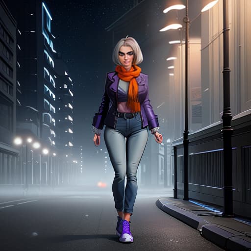  A beautiful girl with gray hair in a bob cut, wearing blue jeans, a purple jacket, orange sneakers, and an orange scarf, walks through the night city. Streetlights, window lights, a megapolis glows. hyperrealistic, full body, detailed clothing, highly detailed, cinematic lighting, stunningly beautiful, intricate, sharp focus, f/1. 8, 85mm, (centered image composition), (professionally color graded), ((bright soft diffused light)), volumetric fog, trending on instagram, trending on tumblr, HDR 4K, 8K