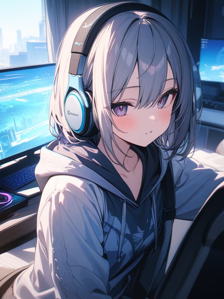  Cute, , short hair, hoodie, headphones, gamers, , masterpiece, best quality,8k,ultra detailed,high resolution,an extremely delicate and beautiful,hyper detail