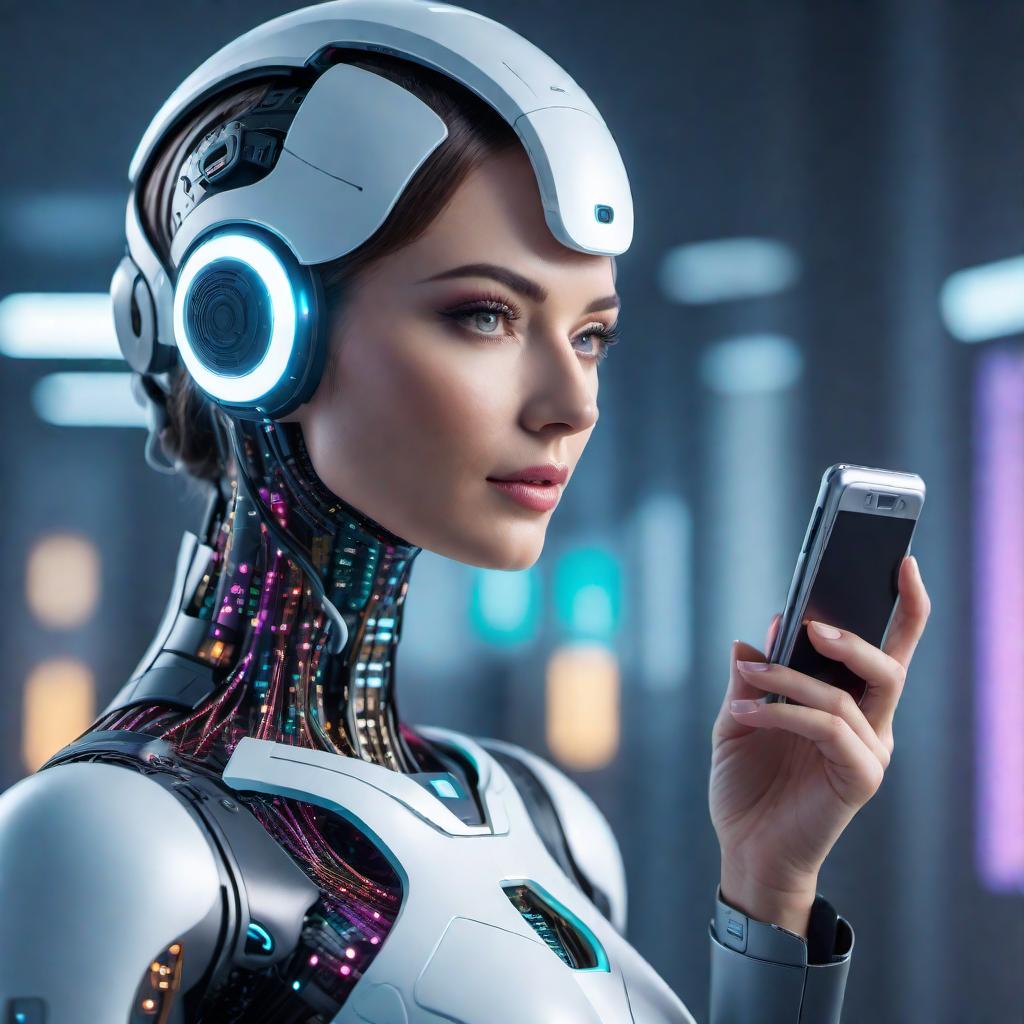  A creative and colorful depiction of an AI assistant interacting with a user through text messages. The assistant is portrayed as a helpful and friendly character, engaging in a conversation with the user. The background is modern and futuristic, symbolizing technology and innovation. hyperrealistic, full body, detailed clothing, highly detailed, cinematic lighting, stunningly beautiful, intricate, sharp focus, f/1. 8, 85mm, (centered image composition), (professionally color graded), ((bright soft diffused light)), volumetric fog, trending on instagram, trending on tumblr, HDR 4K, 8K