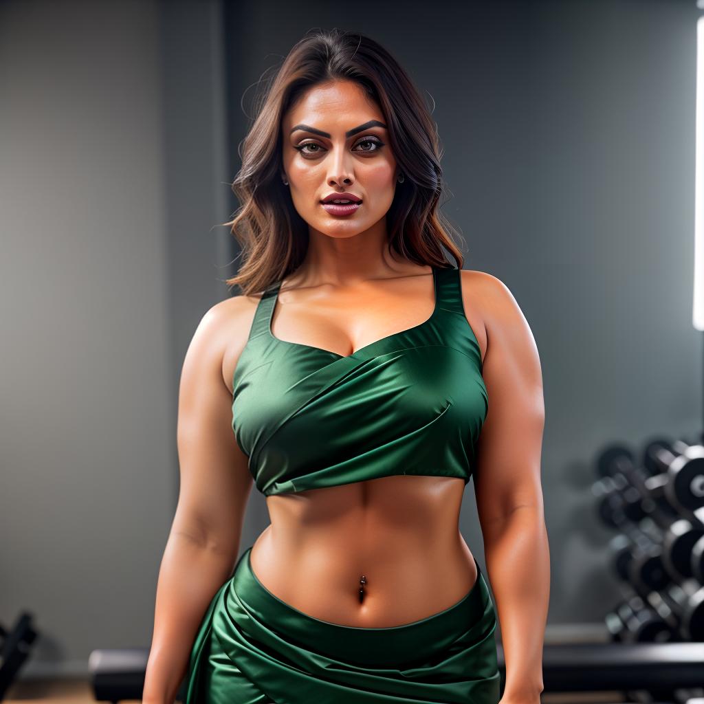  A young chubby woman in saree pallu drapery at Gym, Workout, Abs, Muscle, Phoebe Tonkin Face hyperrealistic, full body, detailed clothing, highly detailed, cinematic lighting, stunningly beautiful, intricate, sharp focus, f/1. 8, 85mm, (centered image composition), (professionally color graded), ((bright soft diffused light)), volumetric fog, trending on instagram, trending on tumblr, HDR 4K, 8K