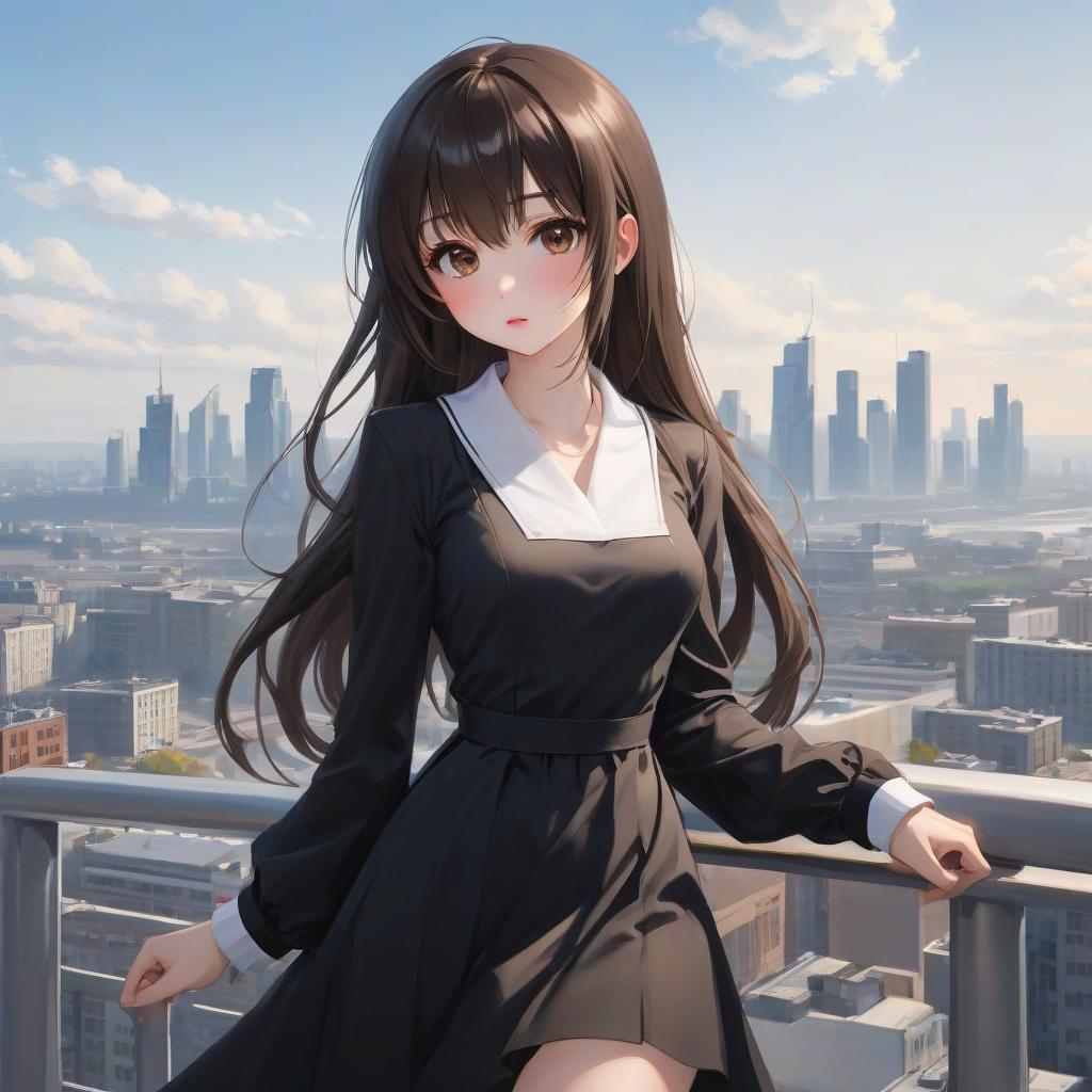  anime artwork beautiful , , oblique bangs, a mole under the lower lip in the middle of the chin. white skinned, European, brown eyes, long brown straight hair, side bangs, mole under the lower lip, slender figure, small neat s, dressed in a black dress with a white collar and white cuffs, full length, against the backdrop of a modern city. Skyscrs of Moscow City (photorealism, oil painting: 1.3), (full length shot: 1.3), charming , long flowing black hair, (large sensual mouth: 1.2), plump lips, sparkling brown eyes , narrow waist, (sensual drawing: 1.2), silvery glow, ethereal aura, detailed brushwork, intricate shadows and highlights, mysterious and captivating expression, unique color palette, masterf hyperrealistic, full body, detailed clothing, highly detailed, cinematic lighting, stunningly beautiful, intricate, sharp focus, f/1. 8, 85mm, (centered image composition), (professionally color graded), ((bright soft diffused light)), volumetric fog, trending on instagram, trending on tumblr, HDR 4K, 8K