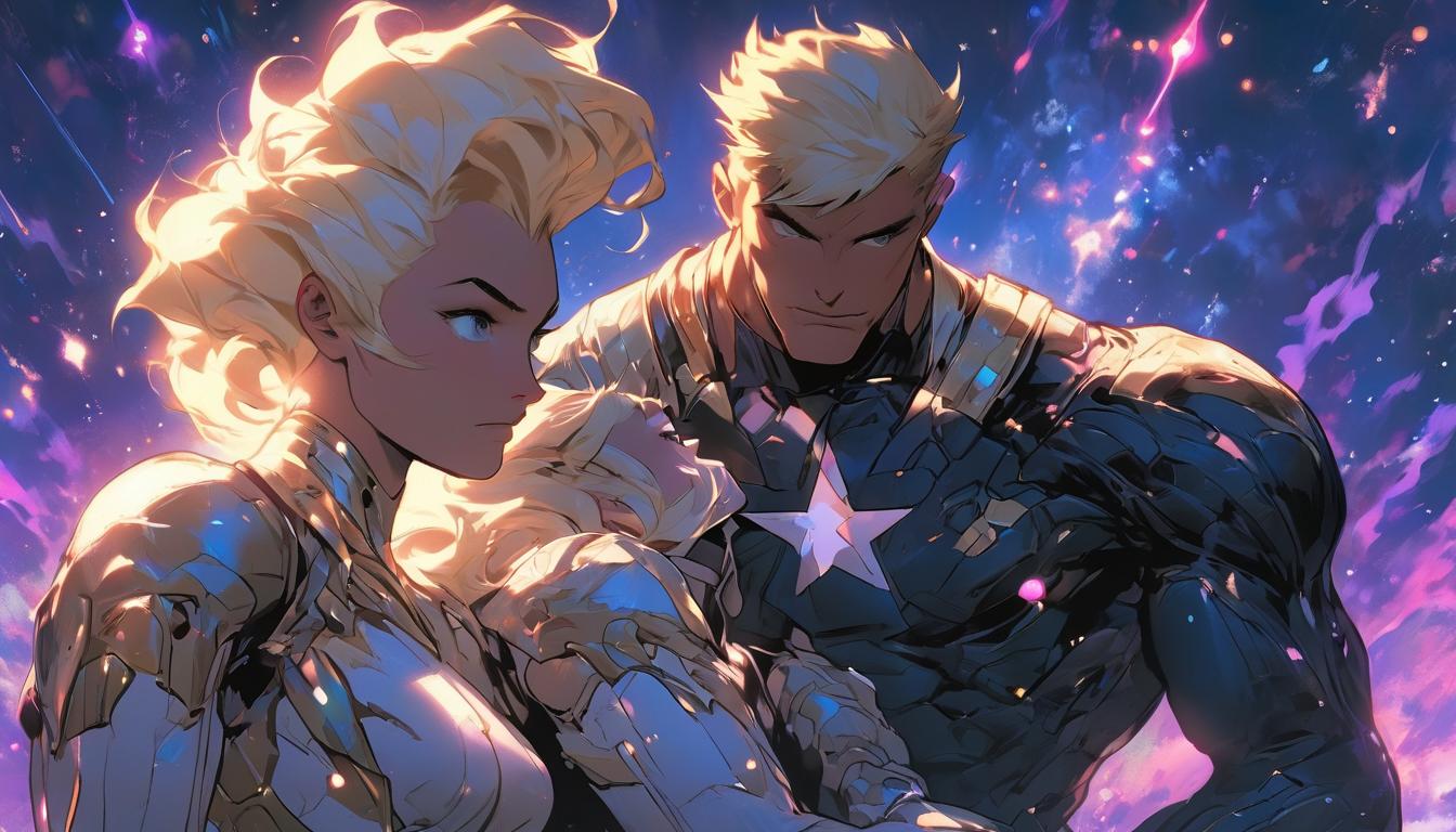  hyperrealism,fantasy aesthetic1woman1man, large busted attractive blonde arian female humanoid and handsome blonde male humanoid, both seated together, storytelling, night sky with constellations in the background, high tech clothing clad in sleek, futuristic costume with metallic accents and form fitting designs, marvel superhero comics style, unreal engine rendering