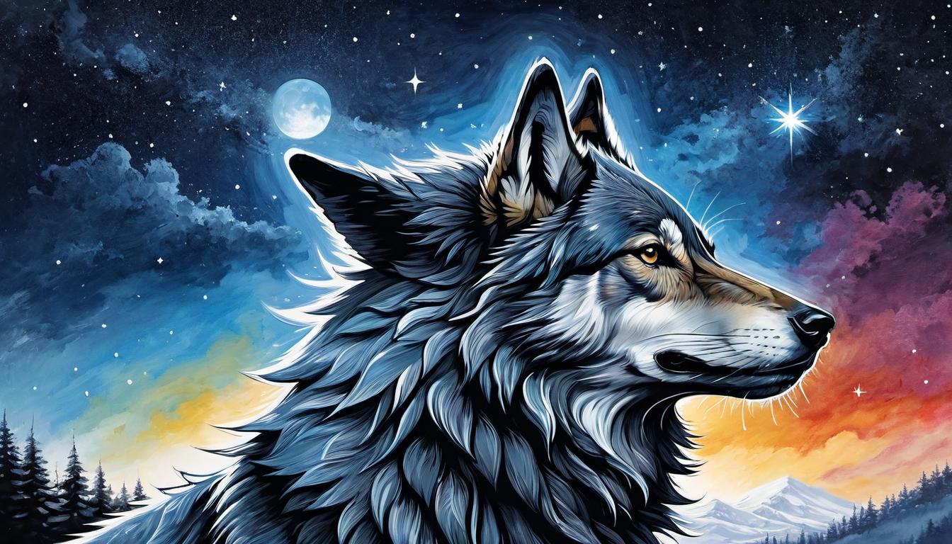  （surrealism)A radiant wolf standing beneath a star filled sky, stars twinkling above, calm posture, presence of serenity, authenticity mystic, intricate details, best quality)