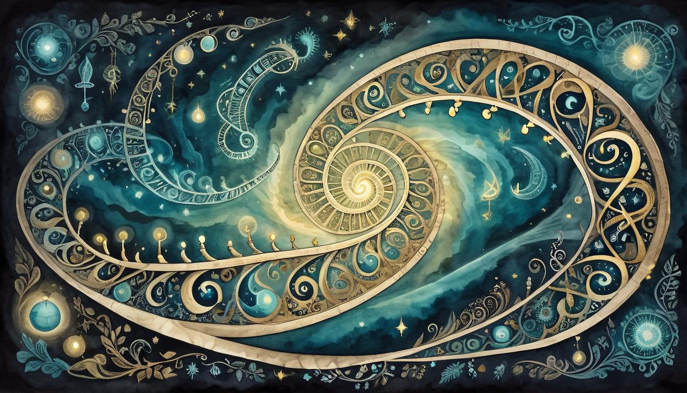  on parchment, surrealism+++, Double helix DNA strand glowing with luminescence, surrounded by swirling patterns of light, dark and mystical ambiance, ethereal glow, scientific curiosity, intricate detail(mysterious, provocative, symbolic,muted color)+++