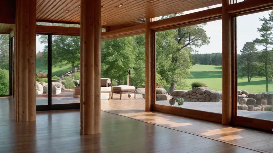  Architectural Wonder with Large Windows, the exterior of a log cabin, zoom out to see the full home, make the image sharp and crisp, bright sunny