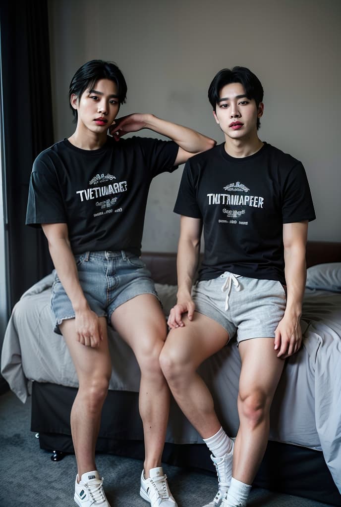  Asian twin boys, good looking, Kpop idol, black hair, dark eyes, good figure, in the bedroom, wearing t shirt and shorts, perfect face, ADVERTISING PHOTO,high quality, good proportion, masterpiece , The image is captured with an 8k camera