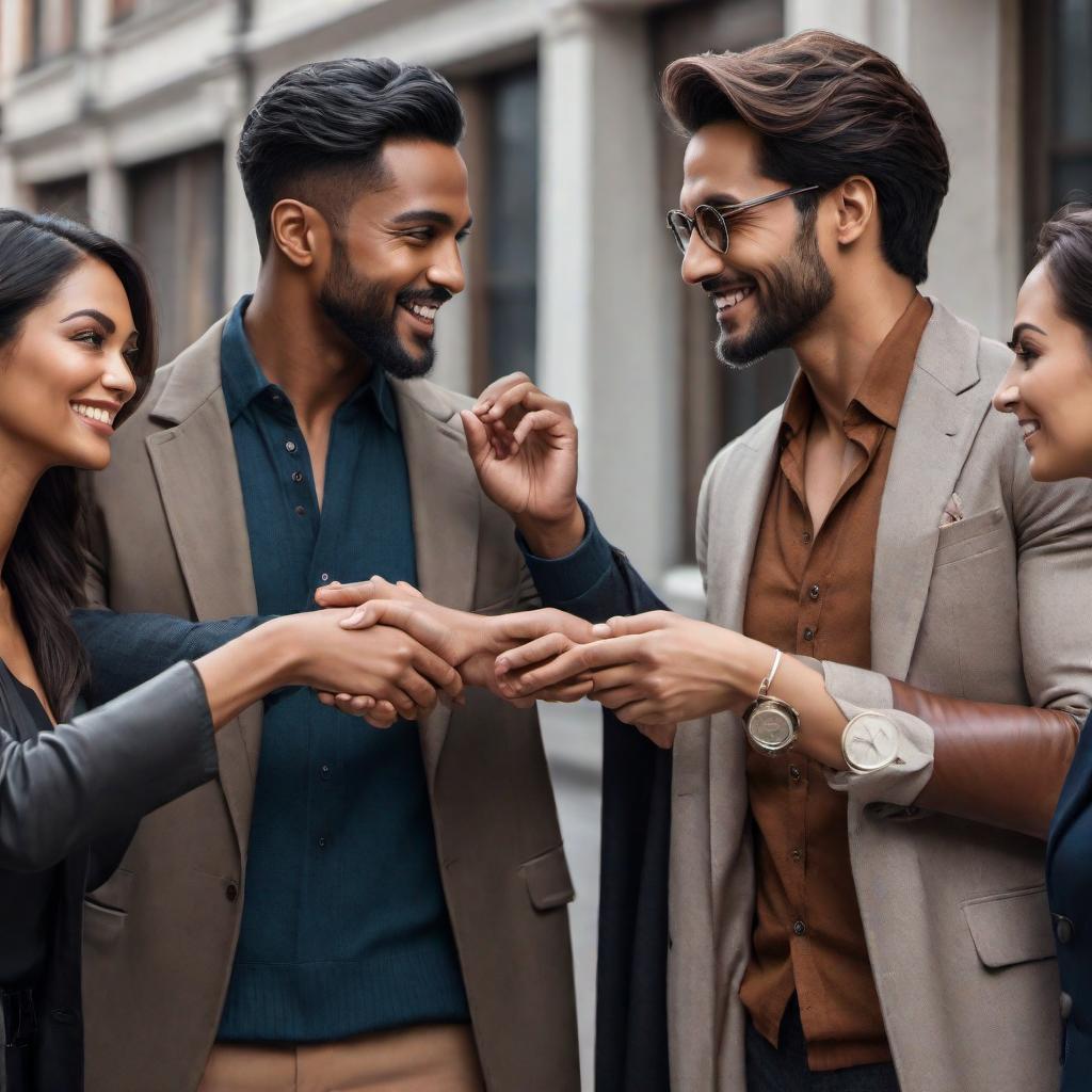  A heartwarming scene showing four different people of various ethnicities and social backgrounds, ranging from the wealthy to the impoverished, helping one another. Each person should be assisting another in a unique way, representing a diverse and supportive community. The image should convey warmth, unity, and cooperation, with a focus on the act of helping and kindness. Include subtle elements that highlight the differences in social backgrounds, such as attire or surroundings, while maintaining an overall positive and inclusive atmosphere. hyperrealistic, full body, detailed clothing, highly detailed, cinematic lighting, stunningly beautiful, intricate, sharp focus, f/1. 8, 85mm, (centered image composition), (professionally color graded), ((bright soft diffused light)), volumetric fog, trending on instagram, trending on tumblr, HDR 4K, 8K