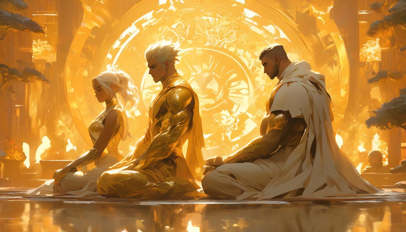  hyperrealism,fantasy aesthetic1man1woman, large busted attractive blonde arian female humanoid and handsome blonde male humanoid, sitting in meditation pose, surrounded by a golden aura, zen garden setting, deep in concentration, harmonious, high tech clothing clad in sleek, futuristic costume with metallic accents and form fitting designs, marvel superhero comics style, unreal engine rendering