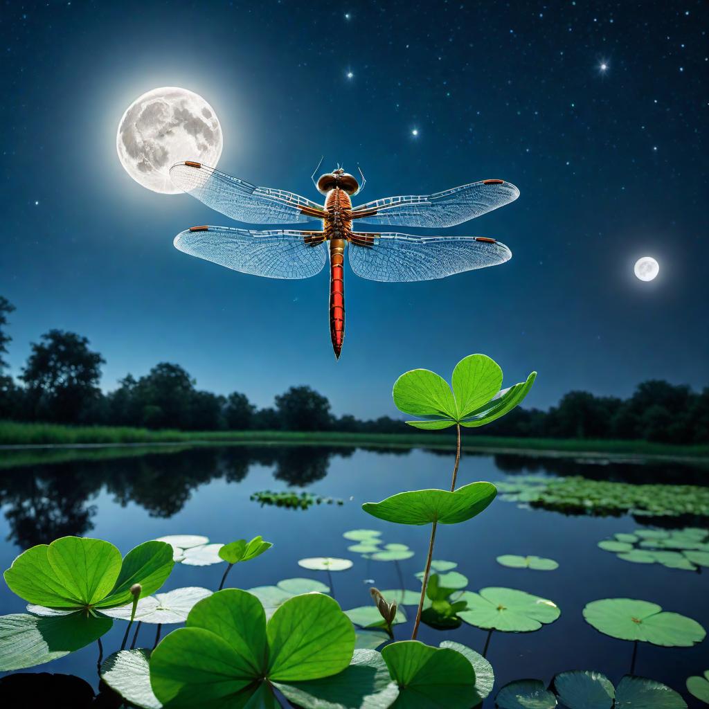  A lower, worm's-eye view looking up at a close-up of a dragonfly flying upwards from a four-leaf clover at the edge of a pond. The pond reflects both the dragonfly and the full moon. The background features a blue night sky with a full moon in view and stars lightly scattered around. The image captures the details of the dragonfly, the four-leaf clover, the pond, the reflections of the dragonfly and the moon, and the serene beauty of the night sky. hyperrealistic, full body, detailed clothing, highly detailed, cinematic lighting, stunningly beautiful, intricate, sharp focus, f/1. 8, 85mm, (centered image composition), (professionally color graded), ((bright soft diffused light)), volumetric fog, trending on instagram, trending on tumblr, HDR 4K, 8K