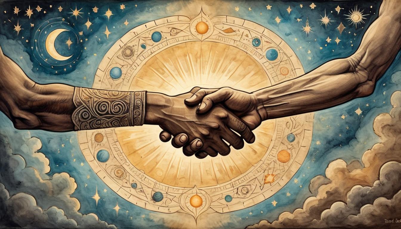  on parchment, surrealism+++, Two hands joined in a powerful handshake, surrounded by a radiant glow, set against a backdrop of celestial patterns, cosmic harmony, unity, connection, strength and solidarity(mysterious, provocative, symbolic,muted color)+++