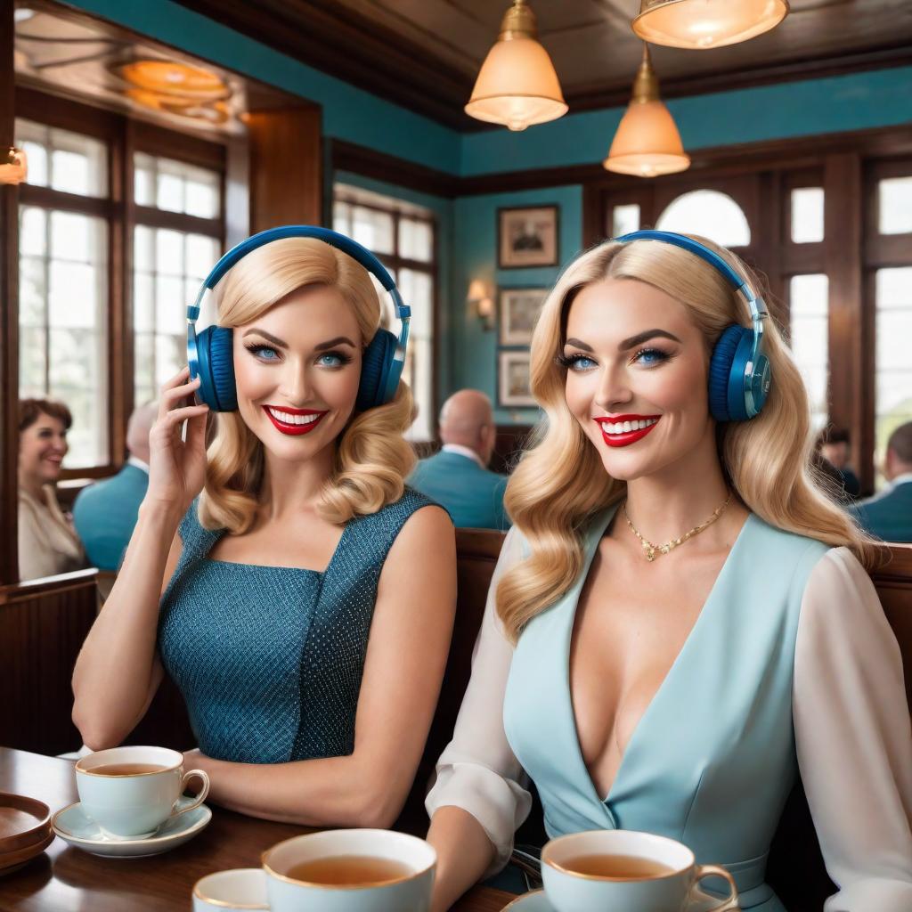  Podcast cover featuring two women in a cartoon style, both laughing and having fun with a microphone between them. One woman has blonde hair and blue eyes, and the other has brown hair and brown eyes. They are in a tea room in Palm Beach, dressed in a 60s retro vibe. The setting is inviting and charming, with vibrant colors, capturing the fun and relaxed atmosphere. The cover should be visually appealing to attract listeners. hyperrealistic, full body, detailed clothing, highly detailed, cinematic lighting, stunningly beautiful, intricate, sharp focus, f/1. 8, 85mm, (centered image composition), (professionally color graded), ((bright soft diffused light)), volumetric fog, trending on instagram, trending on tumblr, HDR 4K, 8K