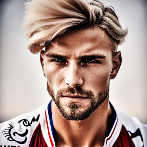 portrait+ style Russian queer fitness model blonde hunk dilf dude face