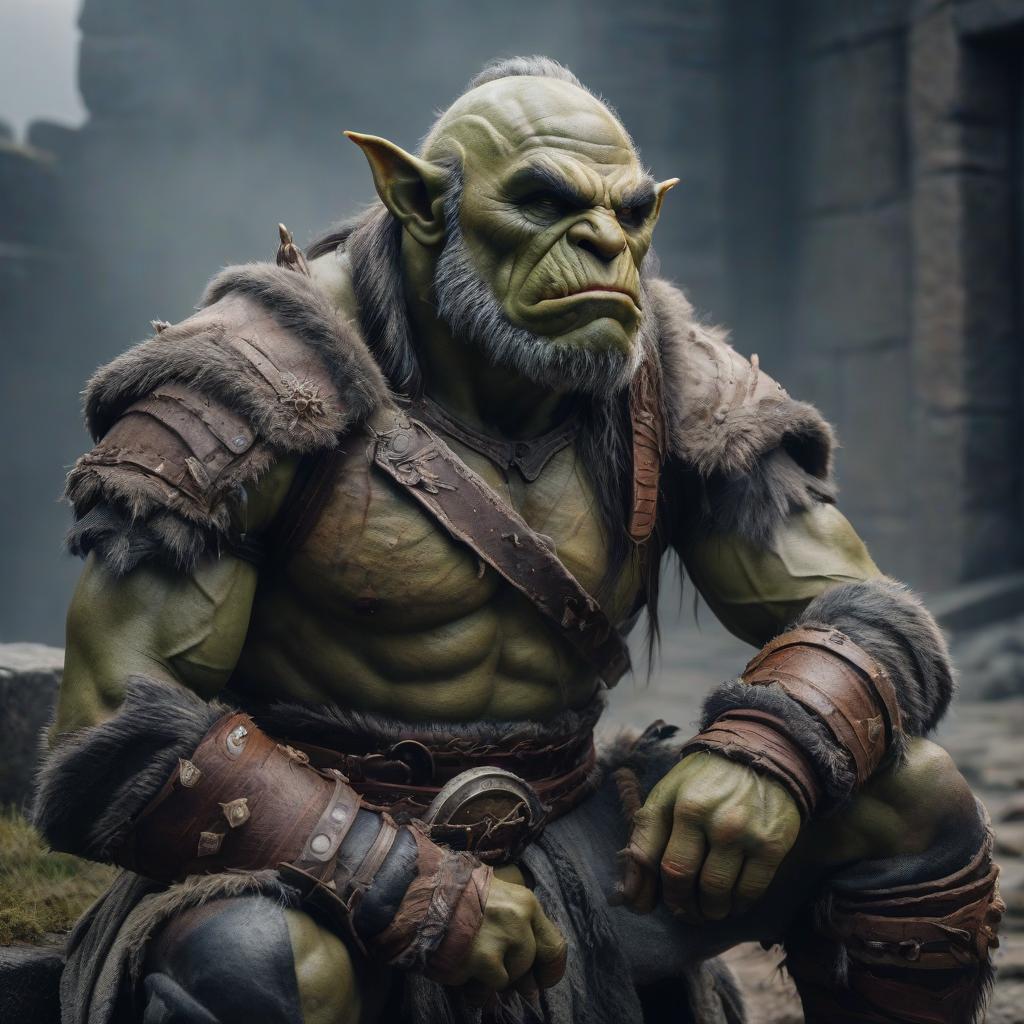  An injured orc sits, leaning against a wall. hyperrealistic, full body, detailed clothing, highly detailed, cinematic lighting, stunningly beautiful, intricate, sharp focus, f/1. 8, 85mm, (centered image composition), (professionally color graded), ((bright soft diffused light)), volumetric fog, trending on instagram, trending on tumblr, HDR 4K, 8K