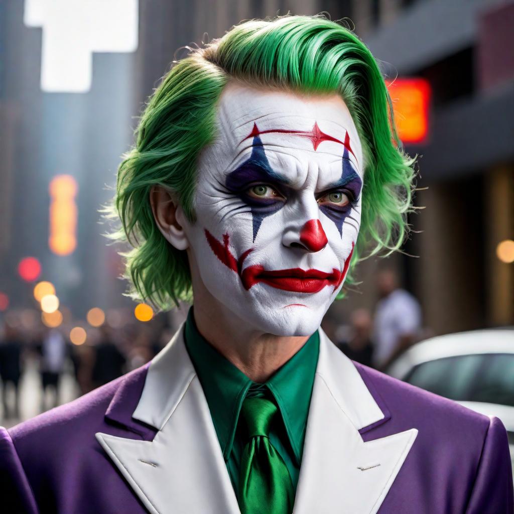  Ellen DeGeneres dressed as the Joker, with makeup similar to the iconic Joker character from Batman, including the white face, exaggerated red lips, and green hair. Ellen should be wearing a purple suit and have a mischievous grin on her face. The background should be a dark, urban setting reminiscent of Gotham City. hyperrealistic, full body, detailed clothing, highly detailed, cinematic lighting, stunningly beautiful, intricate, sharp focus, f/1. 8, 85mm, (centered image composition), (professionally color graded), ((bright soft diffused light)), volumetric fog, trending on instagram, trending on tumblr, HDR 4K, 8K