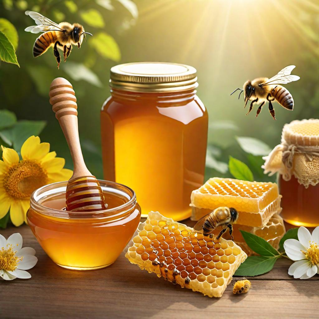  illustration of a jar of organic raw honey, with a honey dipper and honeycomb nearby. The jar should have a label indicating 'Organic Raw Honey'. Include bees and flowers in the background for a natural setting. hyperrealistic, full body, detailed clothing, highly detailed, cinematic lighting, stunningly beautiful, intricate, sharp focus, f/1. 8, 85mm, (centered image composition), (professionally color graded), ((bright soft diffused light)), volumetric fog, trending on instagram, trending on tumblr, HDR 4K, 8K