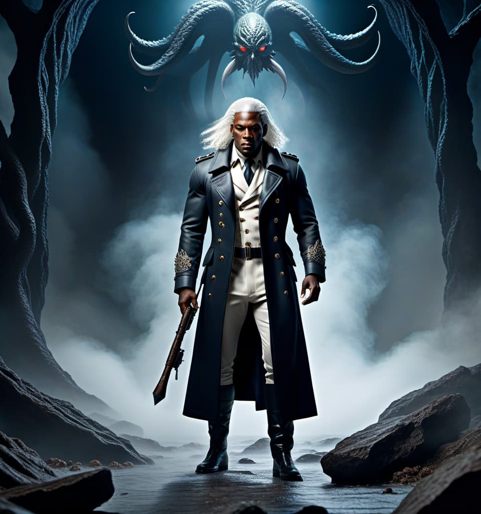  lovecraftian horror A black man, soldier, in a coat, barefoot, a short beard, long white hair, standing straight, muscular build, height 2 meters, a battle axe in his right hand. . eldritch, cosmic horror, unknown, mysterious, surreal, highly detailed hyperrealistic, full body, detailed clothing, highly detailed, cinematic lighting, stunningly beautiful, intricate, sharp focus, f/1. 8, 85mm, (centered image composition), (professionally color graded), ((bright soft diffused light)), volumetric fog, trending on instagram, trending on tumblr, HDR 4K, 8K