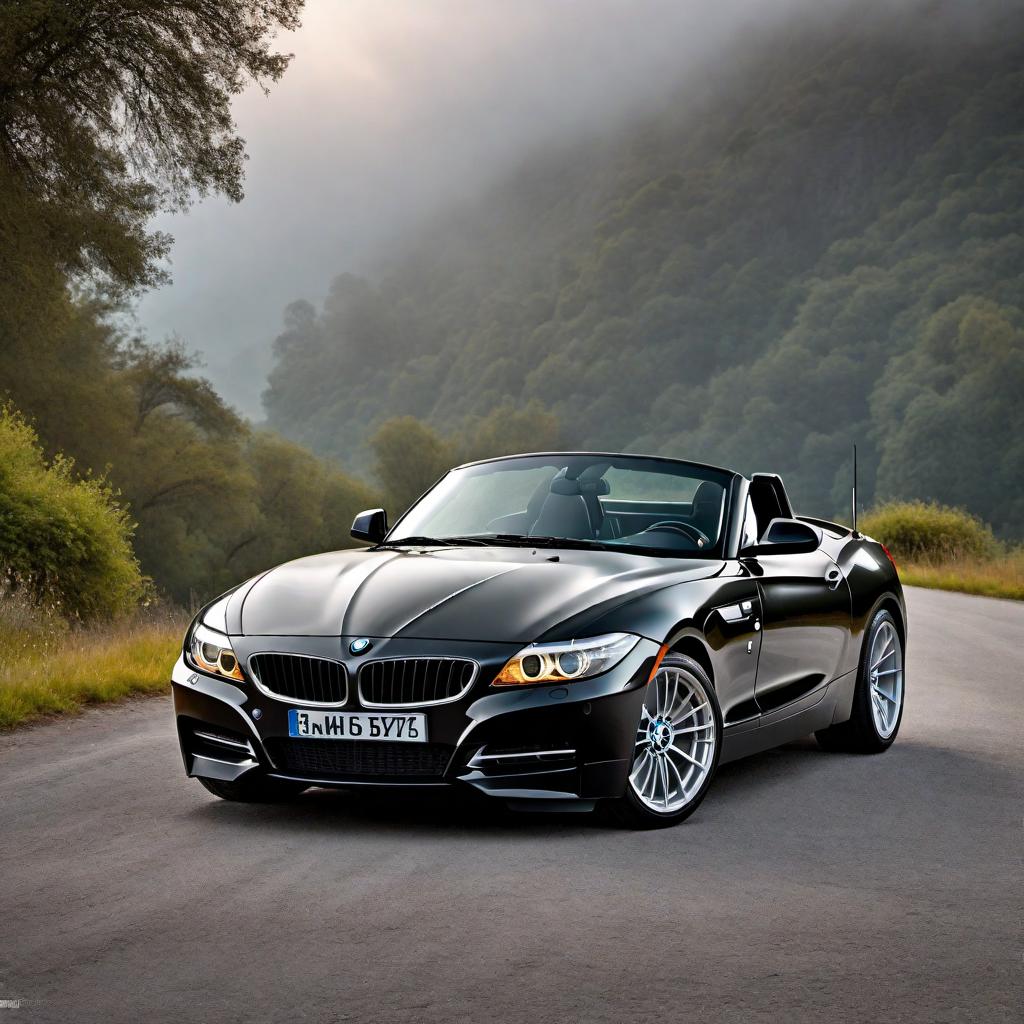  Retro mod 2013 BMW Z4 E89 model in black. A 2013 BMW Z4 E89 with retro modifications, featuring classic design elements from the 1960s and 1970s. The car should be black with vintage touches such as chrome bumpers, wire-spoke wheels, and a two-tone paint job. The setting is an open road with a scenic background. hyperrealistic, full body, detailed clothing, highly detailed, cinematic lighting, stunningly beautiful, intricate, sharp focus, f/1. 8, 85mm, (centered image composition), (professionally color graded), ((bright soft diffused light)), volumetric fog, trending on instagram, trending on tumblr, HDR 4K, 8K