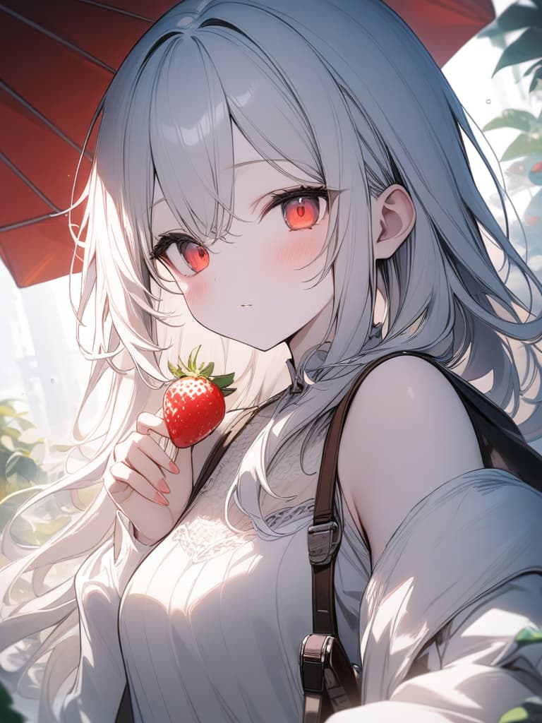  Cute, girl, big eyes, white skin, young face, thin body, pure white hair color, bright red eyes, fluffy hair, long hair, strawberry, masterpiece, best quality,8k,ultra detailed,high resolution,an extremely delicate and beautiful,hyper detail